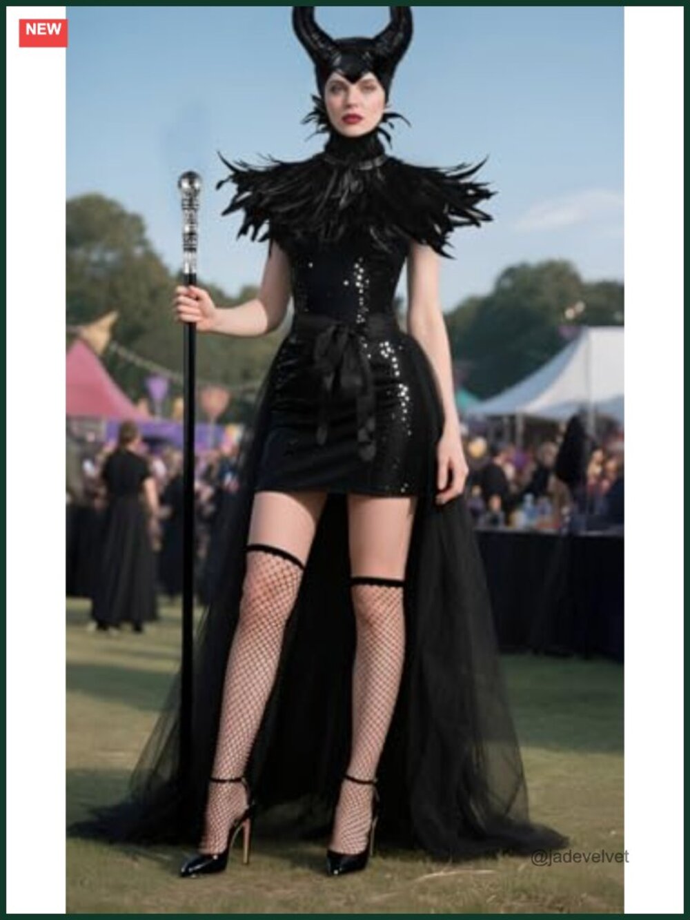 Gothic Witch Costume Set Tulle Skirt Feather Shawl Horn Headpiece Halloween - Picture 5 of 5